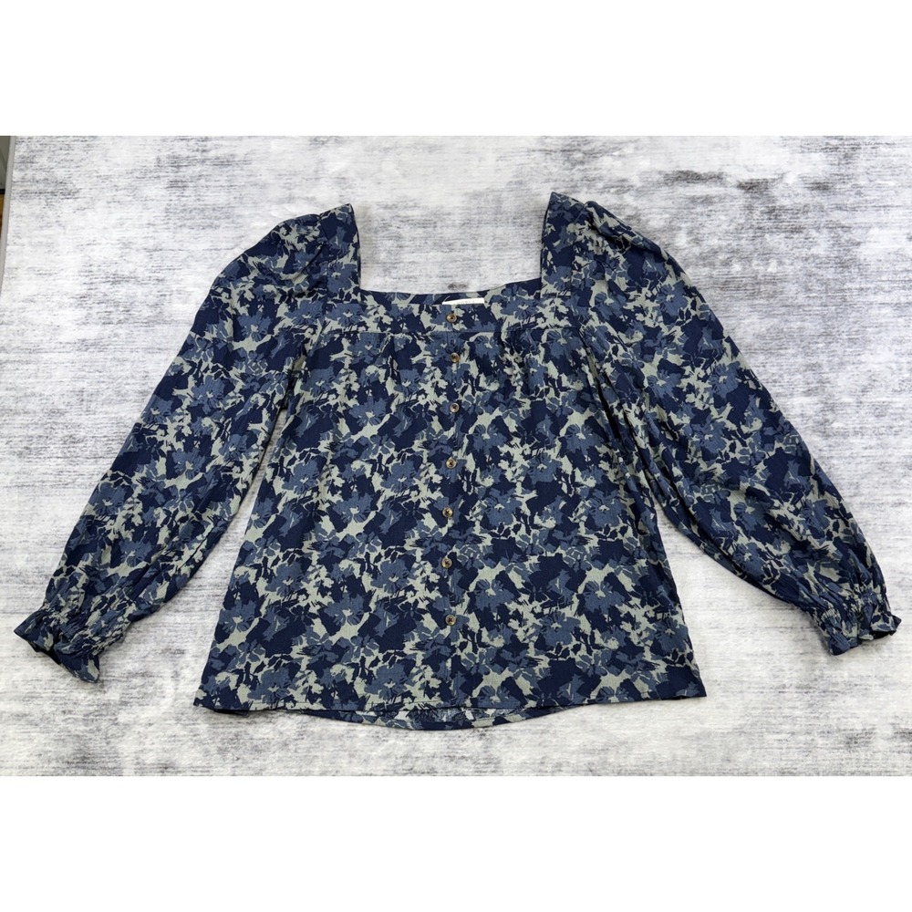 Angels Forever Young Blue Floral Square Neck Puff Sleeve Button Front Blouse M